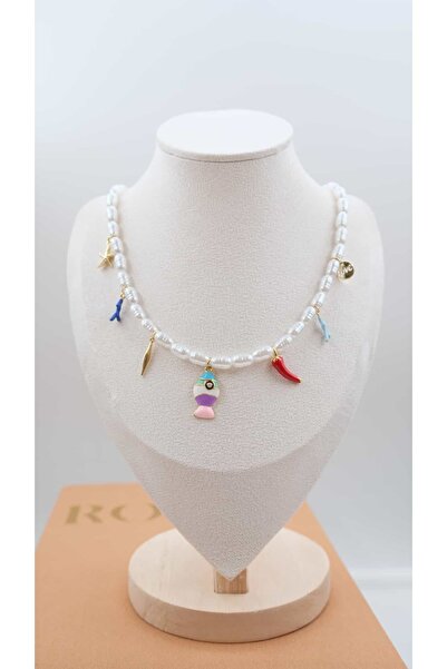 Jerie Fish and Charm Detail Pearl Bead Necklace