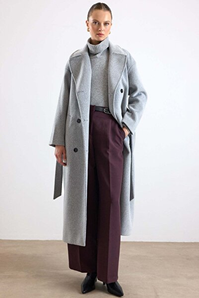 Olcay Oversize Low Sleeve Double Breasted Coat Light Gray 3173