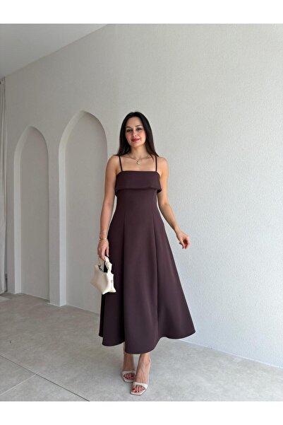 Mooi Butik Fabri̇ Midi Dress 7337 - Bitter Brown