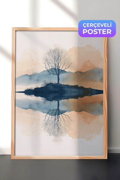 Zestia Pictură murală minimalistă în acuarelă cu ramă din lemn, reflexie a si...