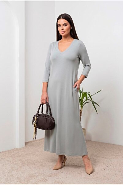 Koza Butik Women's Plus Size Three Quarter Sleeve V-Neck Long Dress 5475-26