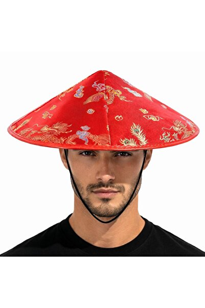 pınaxar Pălărie chinezească din satin roșu cu model cu broderie Dragon – Elas...