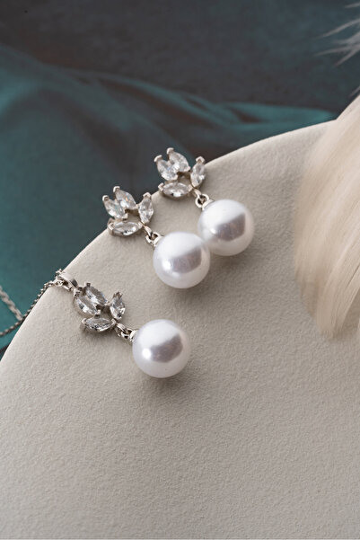 Silvano Jewelry 925 Ayar Gümüş İnci Işıltısı Özel Tasarım Küpe Kolye Set