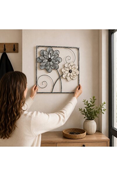 NO BRAND DECORAȚIUNE DE PERETE DIN METAL, TABLO PENTRU CASĂ, FLORI 3D, ALB, 4...