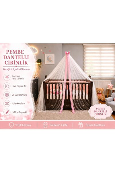 NHR Beşik Beyaz Tül Pembe Güpür Cibinlik