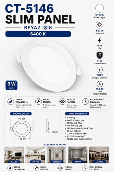 Yenilig CT-5146 Slim Panel 9W 6400K Beyaz Işık – 14,5 cm Ultra İnce LED Panel...