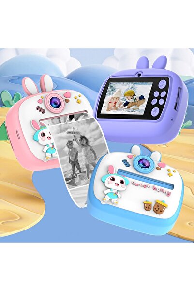 pazariz Çocuk Dijital Kamera Tavşan Temalı Termal Yazıcılı 2.4 İnç Ekran Fotoğraf Video Selfie 3 Oyunlu Anında Baskı Makinesi Print Kamera Çift Kamera, Silikon Kılıf