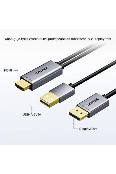 Unitek Cablu HDMI la DisplayPort 4K cu alimentare USB-A 4K60Hz 1.8m