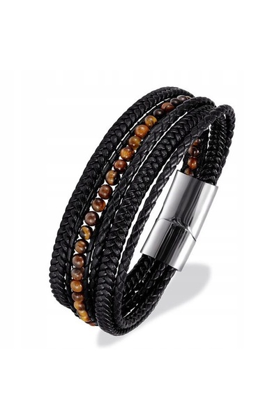 NO BRAND Brățară din piele cu curele și mărgele – OCHI DE TIGRU (Tiger Eye)