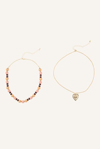 DeFacto Women's Beaded and Heart Pendant 2-Piece Necklace I4287Axns