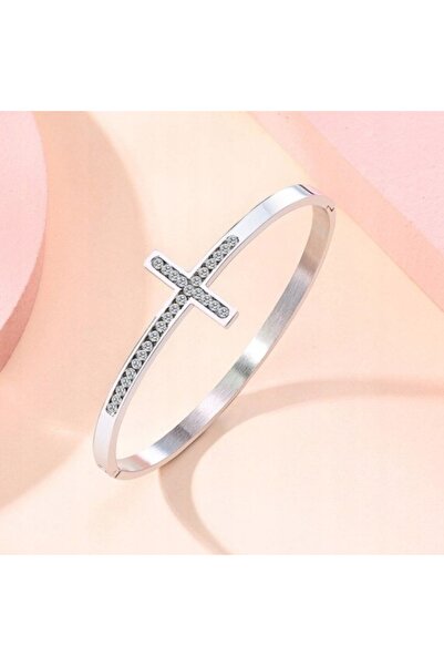 NO BRAND Brățară elegantă pentru femei, cu cruce Bangle, din oțel 316L argintiu.