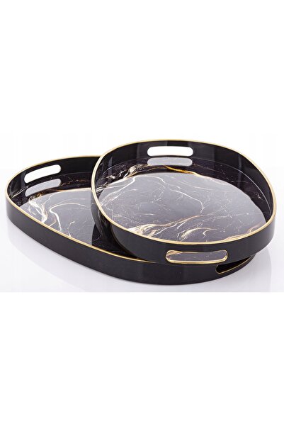 NO BRAND kpl 2 bucăți tăvi decorative ovale cu efect de marmură neagră