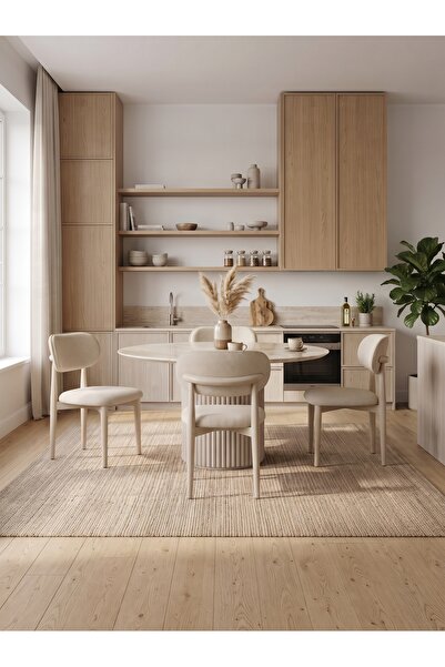 TIMELESS HOME Bohem Ahşap Sandalye 4 Adet ve 100 cm Çap MDF Masa Takımı Mutfa...