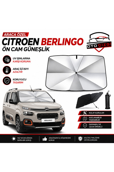 Oto Çizgi Citroen Berlingo Şemsiye Tip Ön Cam Güneşliği Katlanabilir UV Korum...
