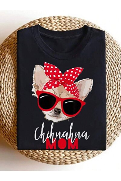 2BIR Chihuahua Mom T-Shirt, Crew Neck Short Sleeve With Glasses Dog Appliqué ...