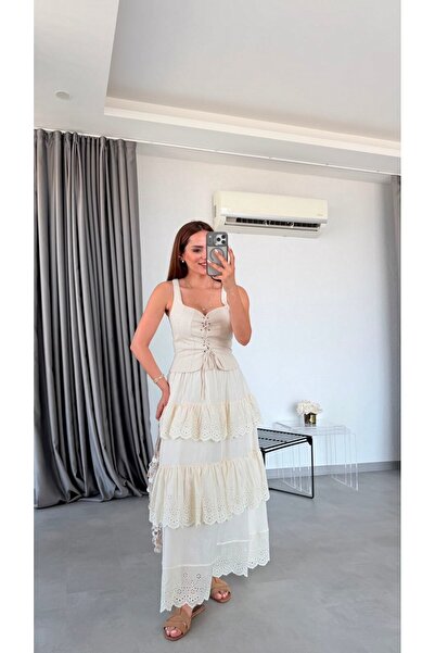 pelin yıldız butik Taş Rengi Whisper Dantel Detaylı Katlı Etek
