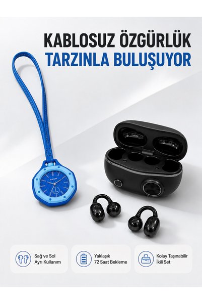 Toptan Bulurum Wireless Earbuds and Blue Bag Charm Watch Set Portable Daily Use