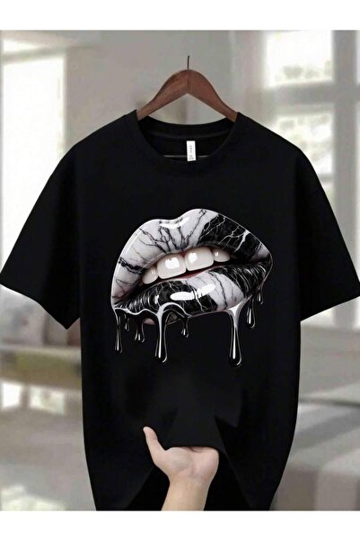 25W Navy Blue Graphic Print T-Shirt Men Women, Surreal Dripping Lips Artistic...