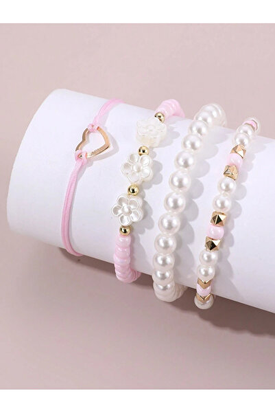Choice Pink 4pcs Girls' Pearl & Beaded Bracelets With Flower And Heart Charms...