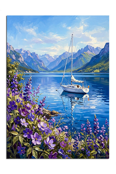 Artmeg Pânză decorativă cu lac și barcă cu vele în culori violete - Masă din ...