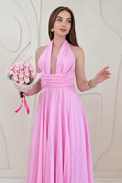 Elbee Fashion Woman Ροζ λινό φόρεμα με λεπτομέρεια στην πλάτη