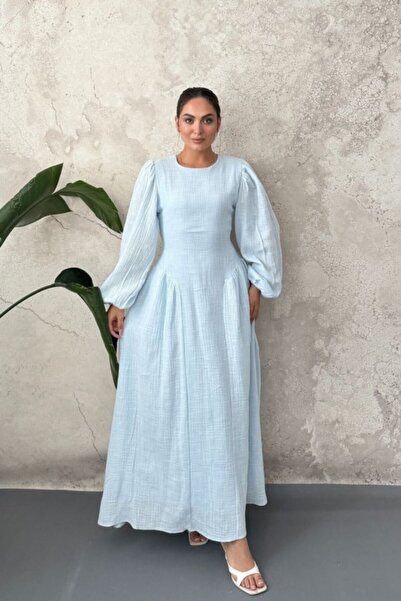 ELBEE Blue Skirted Long Sleeve Dress with Gathered Hem