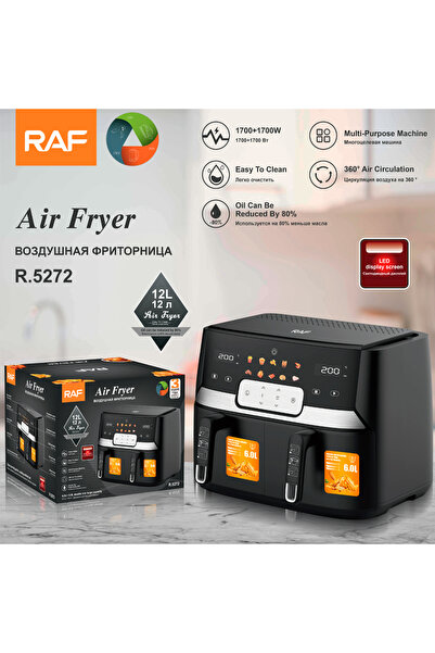 raf Electric Dual Basket Air Fryer 9L, Black / Silver, R.5272, 3 Years