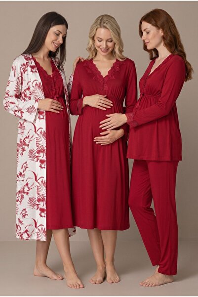 Pelin Women's Fuchsia Patterned Lace Detailed Nursing Nightgown with Dressing...