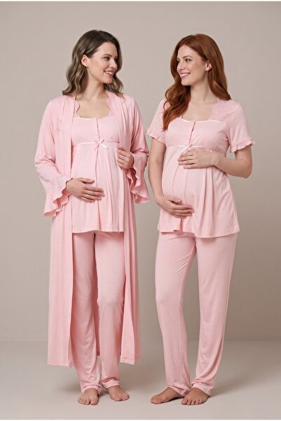 LOHOUSE Women's Powder Flounce Sleeve Scallop Lace Maternity Nightgown Set