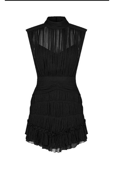 TWOTWINSTYLE Safira Sleeves Lace Mini Black Dress, Black Chiffon Mini Dress
