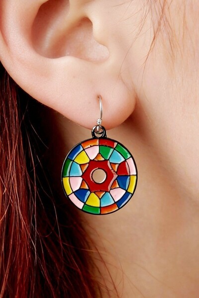 Fildişi Aksesuar Stained Glass Patterned Enamel Women's Earrings Double Piece...