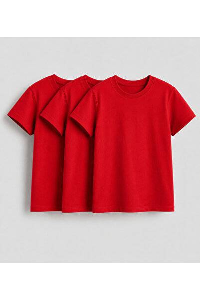 cesita Red Crew Neck Cotton 3-Piece Short Sleeve Boys Girls School T-Shirt