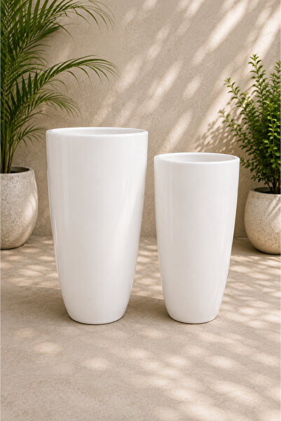 Generic Ceramic Ivory Stone Tall Planter - SET 2PCS