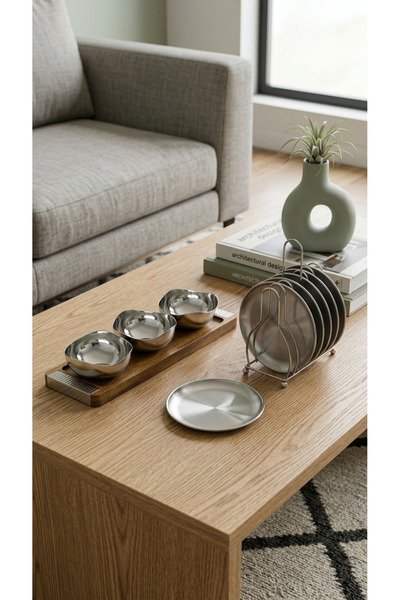 Generic Wooden Serving Tray and 3 Metal Bowls + Stainless Steel Plate Stand S...