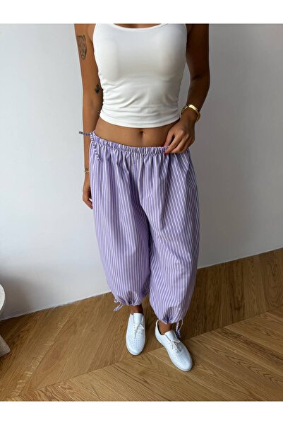 NEW JOURNAL Women's Lilac Lace-Up Striped Premium Shalwar Trousers Frv0221