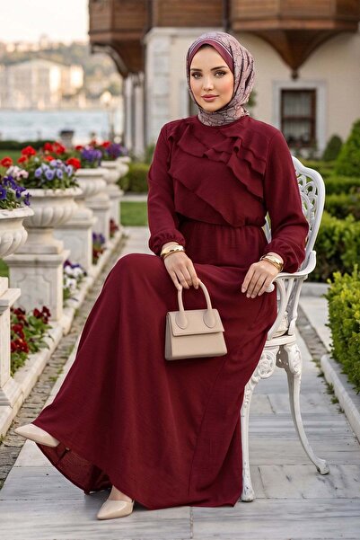 hafsamina Önü Kat Detaylı Ayrobin Elbise Bordo HM2951
