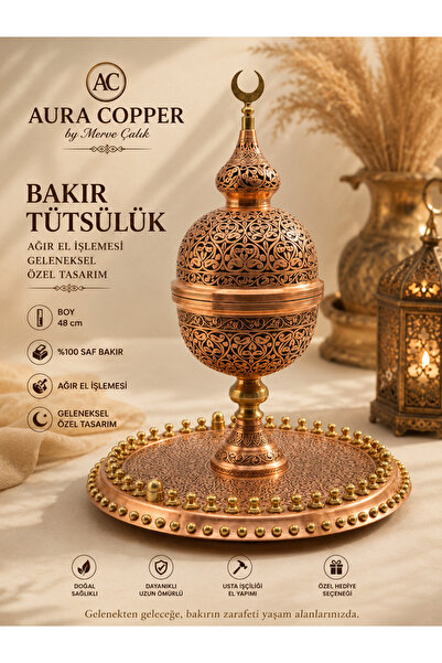 AURA COPPER Tepsili Bakır Tütsülük Buhurdanlık 48 cm – Ağır El İşlemeli Hilal...