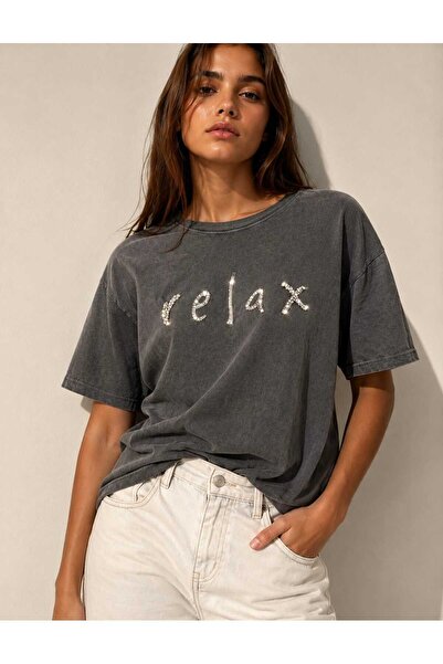 Yumey Oversize Relax Stone Detailed Washable T-Shirt