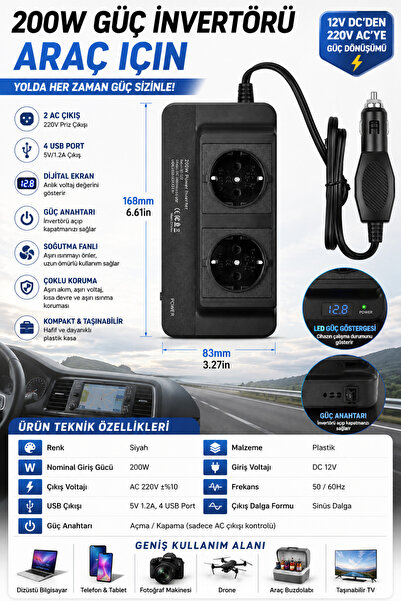 pazariz 200W Araç Güç İnvertörü 12V-220V Dönüştürücü, 2 Priz 4 USB, Dijital Ekran, Soğutma Fanı, Çakmaklık Girişli, Hızlı Şarj ve Güvenli Koruma, Telefon Laptop İçin Taşınabilir İnverter