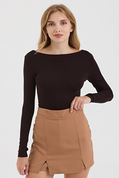 MODiSCHO Women's Brown Boat Neck Slim Fit Finger-Loop Ultra Soft Flexible Lyc...