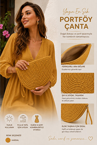 Trend Mixs Women's Straw Portfolio Summer Handmade Look Zippered Clutch Bag