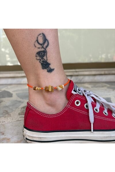 nesdesignn Natural Stone Orange Afghan Beaded Anklet (Yellow Calcite)