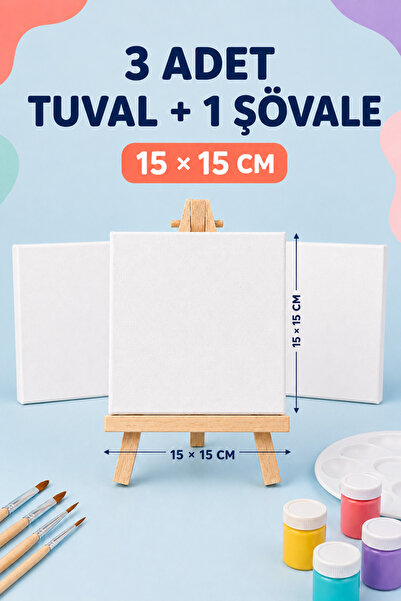 Minopi 3 Adet 15x15 cm Boyama Tuvali + 1 Adet Ahşap Şövale Çocuk Resim ve Hob...