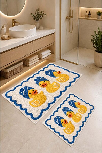 Serteks Mavi Ördek Desen Yıkanabilir Kaymaz Taban 2li Banyo Paspas Seti Banyo...