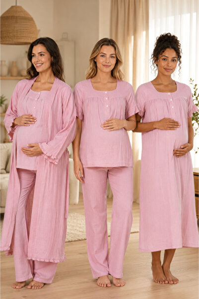 ByLohusa Comfortable Cut Muslin Fabric Maternity Set with Breastfeeding Featu...
