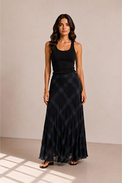 ALEXANDERGARDI Navy Blue Plaid Patterned Chiffon Skirt