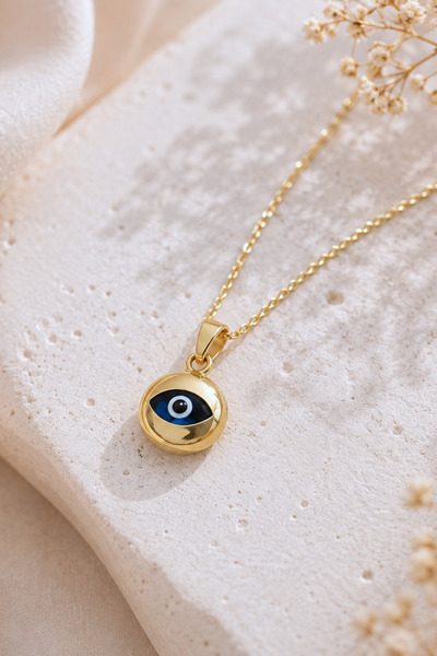 Spossy Silver Jewelry 925 Ayar Gümüş Gold Kaplamlı Yuvarlak Nazar Cam Göz Kolye