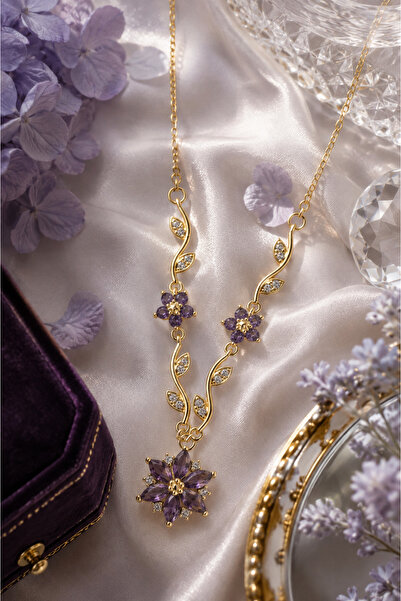 Sylvera Shop V Model Luxury Steel Necklace with Purple Stone Ivy Star Flower ...
