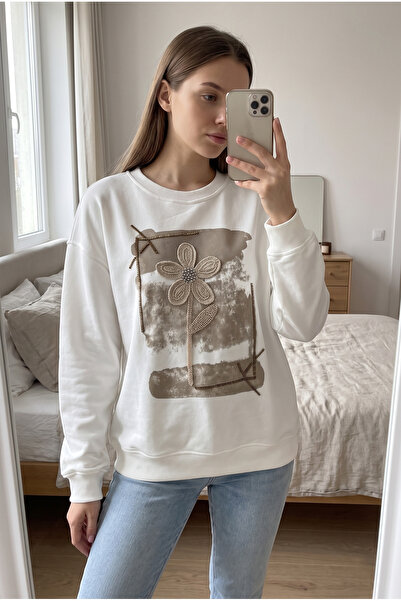 FEMELLE White 100% Cotton Sweatshirt with Beads and Sequins Embroidery