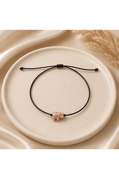 Femenino Kahverengi İpli Rose Gold Fil Figürlü Ayarlanabilir Bileklik